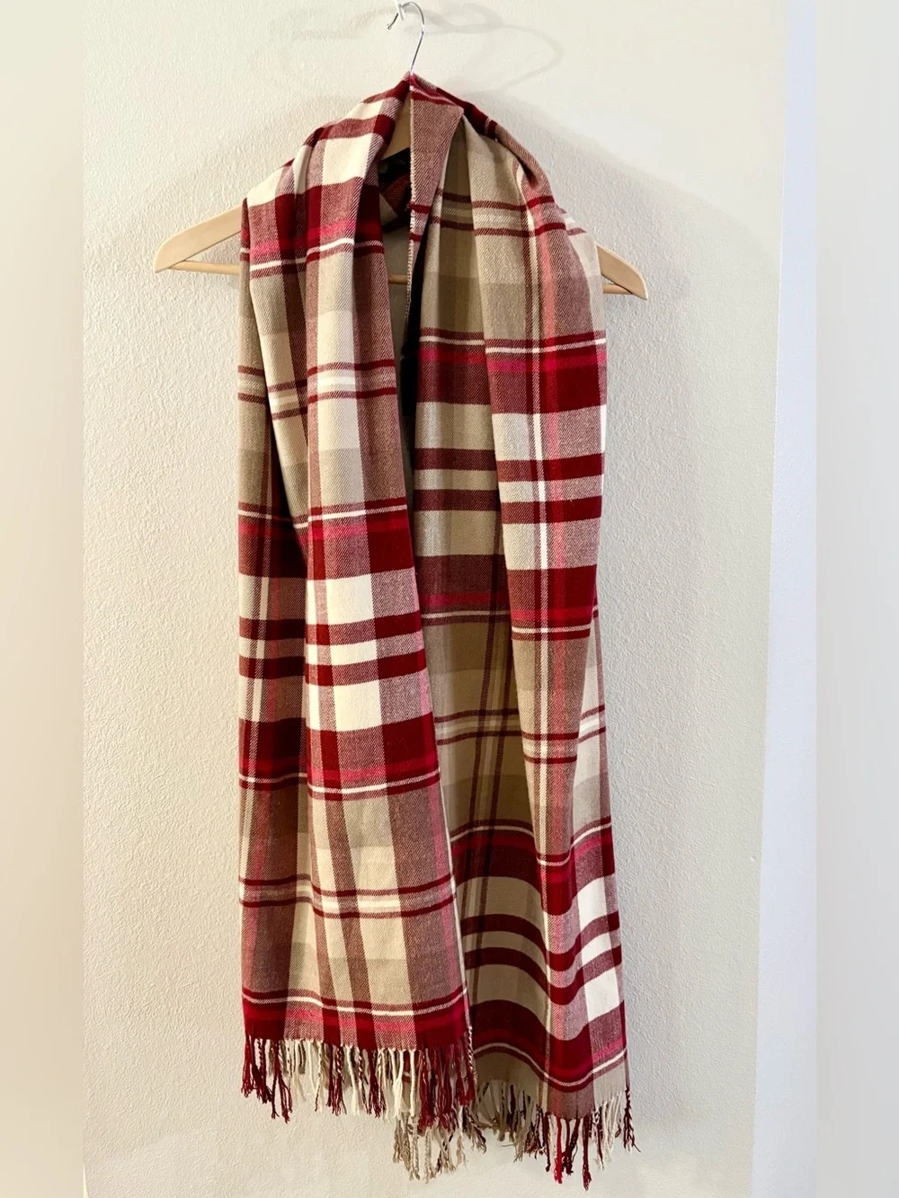 GAP Soft Oversized Red and Cream Plaid Fringe Scarf